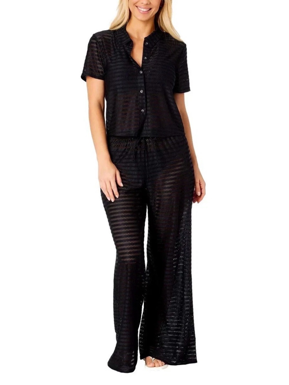 NWT Hurley 2-Piece Crochet Swim CoverUp Button Front Shirt Drawstring Pants L